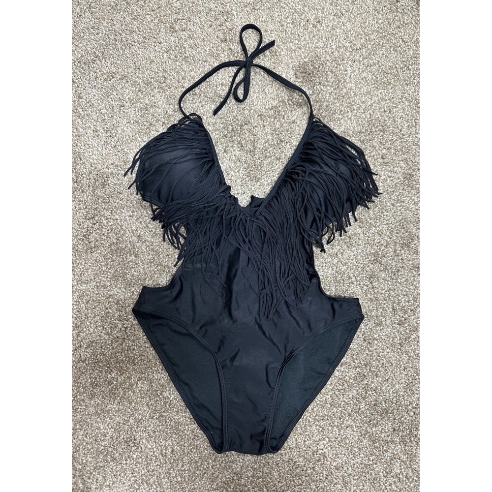 Victoria's Secret Swimsuit Womens L Black Fringe Monokini One Piece Boho Halter